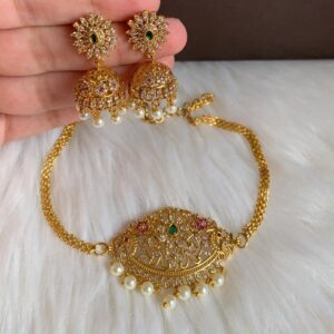 Royal Gold-Plated Kundan Jhumka Earrings & Necklace Set with Pearls